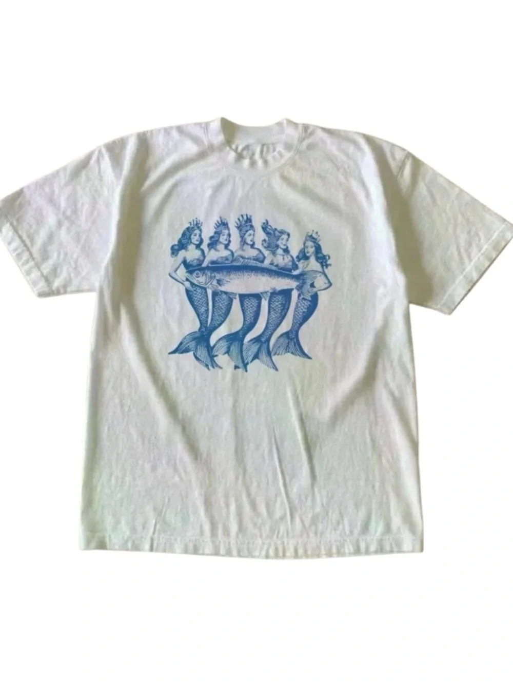 Gildan White Tee with Blue Mermaid Graphic